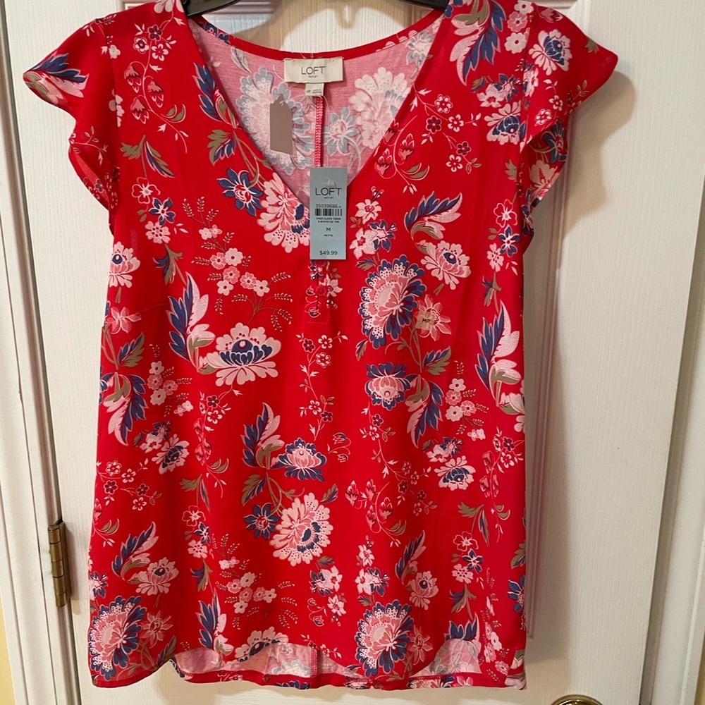 LOFT Outlet Red Floral Flutter Sleeve Blouse Size MP NWT 🌺✨